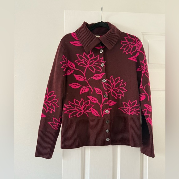 Neve ladies eggplant and pink floral button up cardigan wool Large sweater - Picture 1 of 9